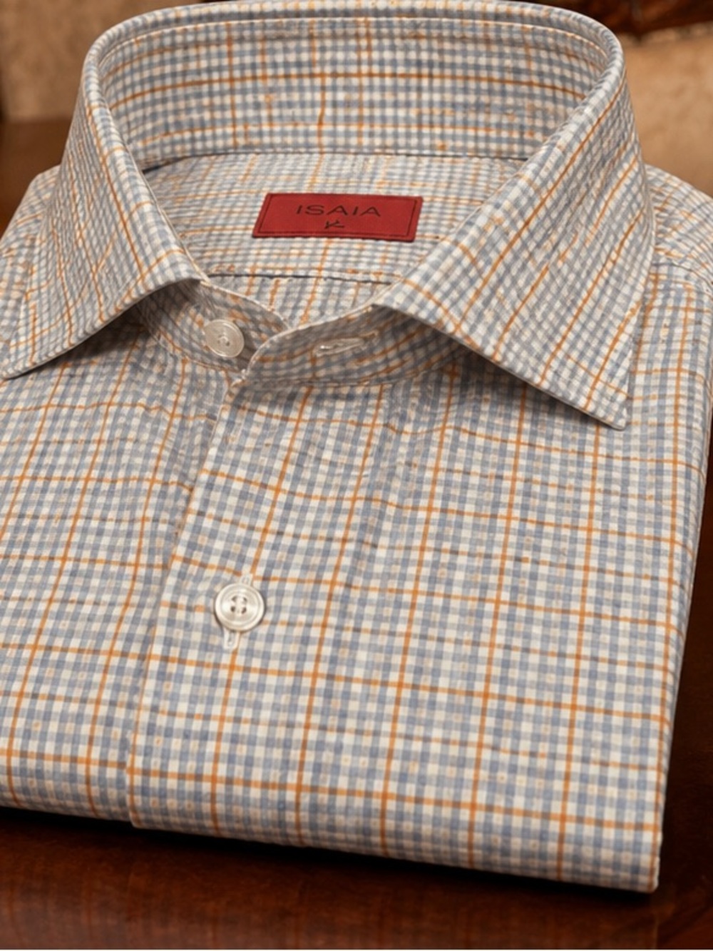 Isaia Light Blue and Orange Micro-Check Dress Shirt